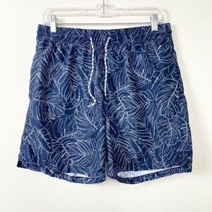 Men’s Navy Blue & White Tropical Leaf Pattern Swim Trunks Board Shorts Size S